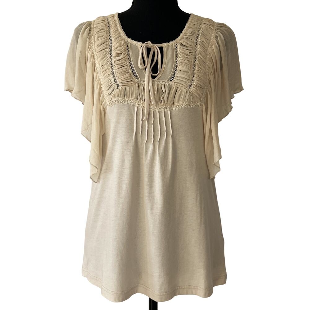 Beautiful Coquette Cream Smocked Peasant Top Modal Sleeves & Details Sz XS Boho